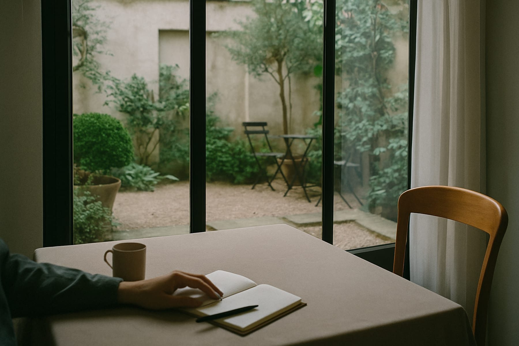 Photographie de la table ouverte sur le jardin